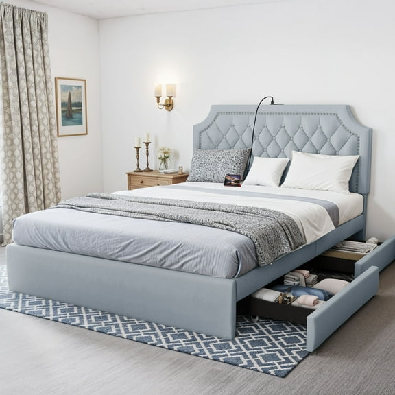 ModFusion Queen Size Upholstered Bed Frame with Adjustable Backrest, USB Outlet & 4 Fabric Under-Bed Drawers, Gray