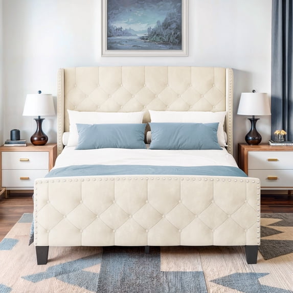 ModFusion Queen Size Upholstered Bed Frame , with Valvet Headboard , Footboard, Wingback, Beige