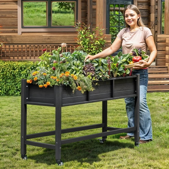 ModFusion Raised Garden Bed, 400lb Capacity, Weather Resistant Poly Wood, Adjustable Wheels, Legs, 46.5" Width
