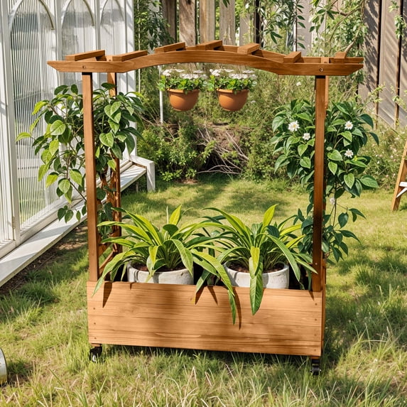 ModFusion 47" Solid Wood Raised Garden Planter Box with Trellis, Lockable Wheels & Drainage Holes – Outdoor Planter