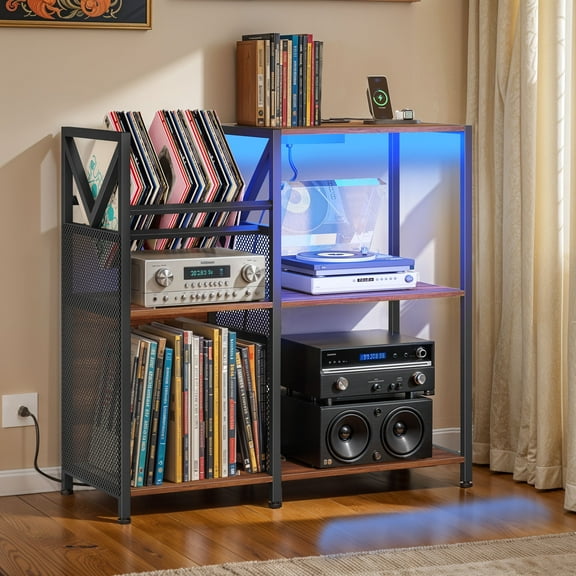 ModFusion Turntable Stand with Power Outlets LED Lights Vinyl Storage Holds Up to 785 Albums for Living Room