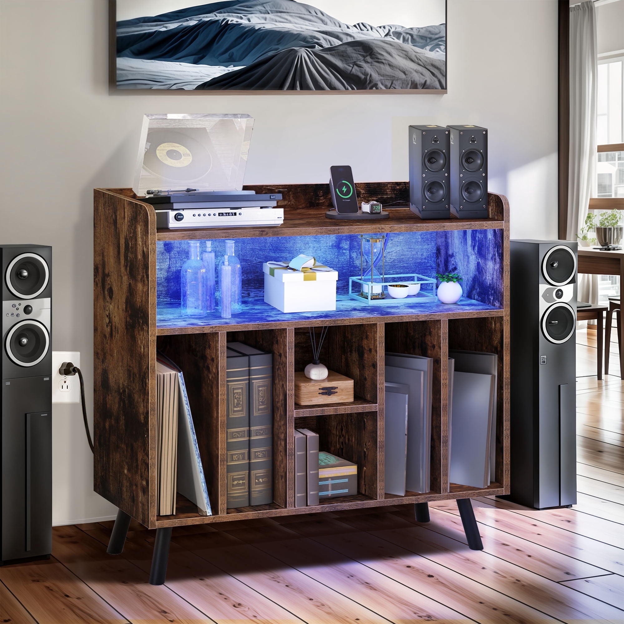 ModFusion Retro Vinyl Stand w/ Power Outlets & Multicolor LED Lights ...