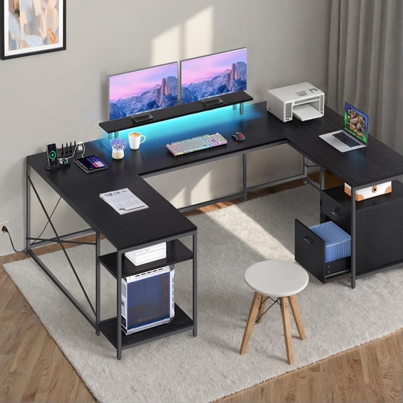 ModFusion Reversible U Shaped Desk with Charging Station & LED Lights, 79" Computer Desk L-Shaped Desk for Home Office with Drawers, Monitor Stand & Storage Shelves, Black