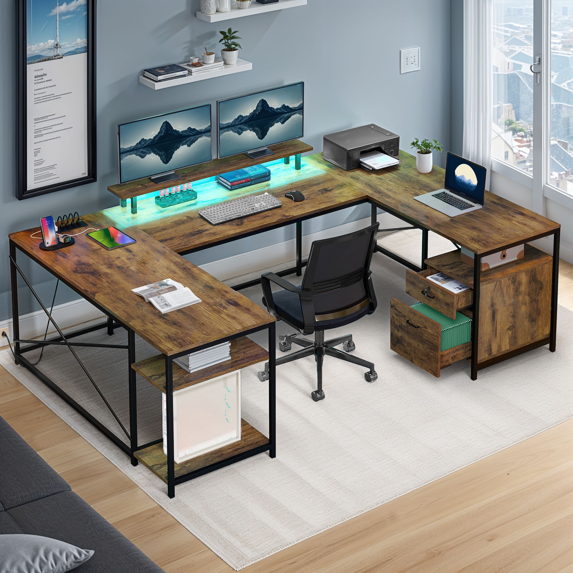 ModFusion Reversible U Shaped Desk with Charging Station & LED Lights ...