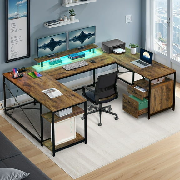 ModFusion Reversible U Shaped Desk with Charging Station & LED Lights, 79" Computer Desk L-Shaped Desk for Home Office with Drawers, Monitor Stand & Storage Shelves, Rustic Brown