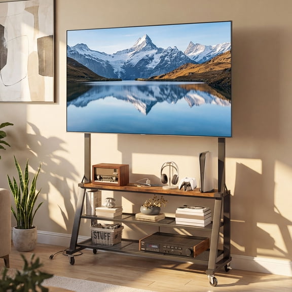 ModFusion Rolling TV Stand with Lockable Wheels, Wide Mobile Entertainment Cart Built-in Power Outlets, Portable Media Console Fits Up to 75 Inch TVs, Rustic Brown