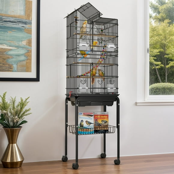 ModFusion Roof Top Large Parakeet Cage 62" with Rolling Stand & Toys for Lovebirds, Sun Conure, Black