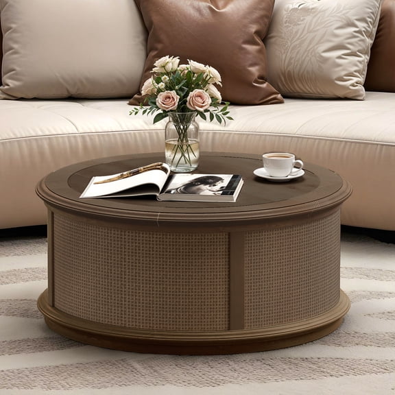 ModFusion Round Rattan Drum Lift Top Coffee Table, Natural Dark Brown Color with Hidden Storage, Modern Boho Style for Living Room