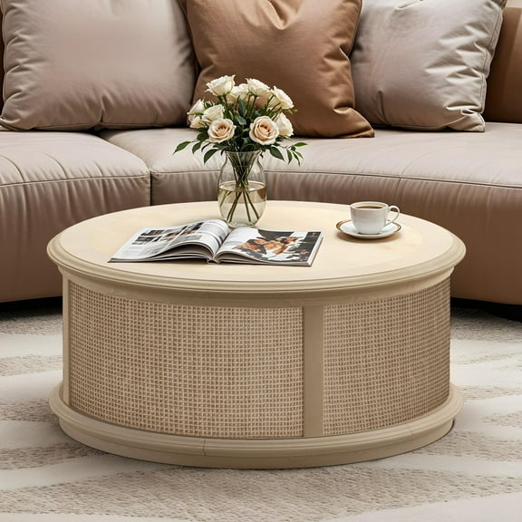 ModFusion Round Rattan Drum Lift Top Coffee Table with Hidden Storage, Modern Boho Style for Living Room Dcor, Natural Wood