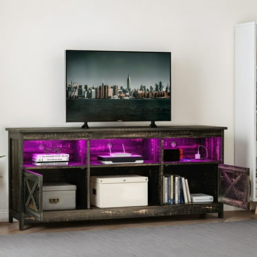 ModFusion Rustic Black TV Stand with Support for 70" Screens, Dual Doors with Magnetic Hinges, Adjustable Shelves, LED Lighting, Cable Management, Freestanding Design, and 300 lb Capacity