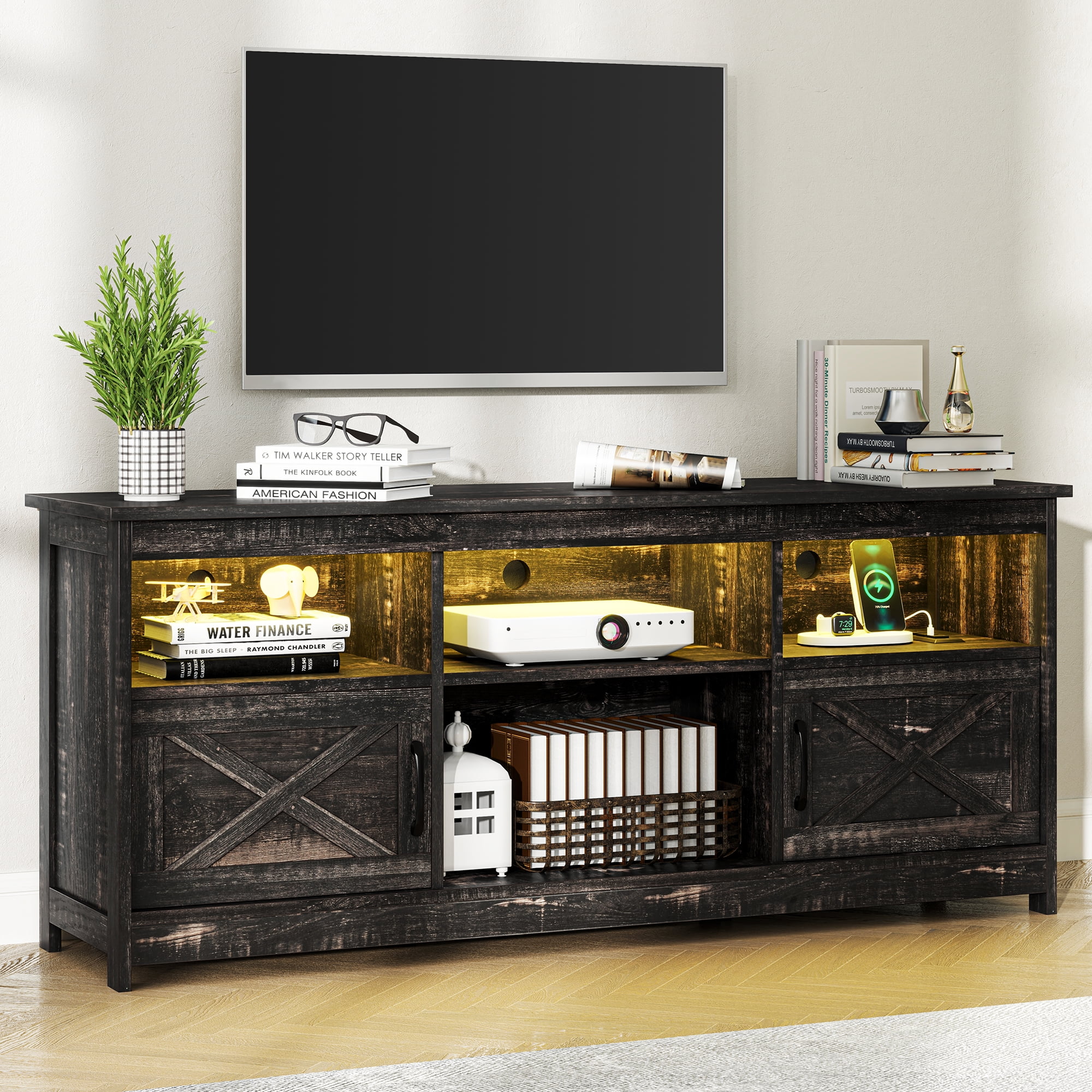 ModFusion Rustic Black TV Stand with Support for 70" Screens, Dual Doors with Magnetic Hinges, Adjustable Shelves, LED Lighting, Cable Management, Freestanding Design, and 300 lb Capacity