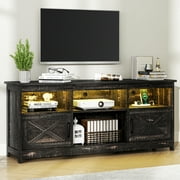 ModFusion Rustic Black TV Stand with Support for 70" Screens, Dual Doors with Magnetic Hinges, Adjustable Shelves, LED Lighting, Cable Management, Freestanding Design, and 300 lb Capacity