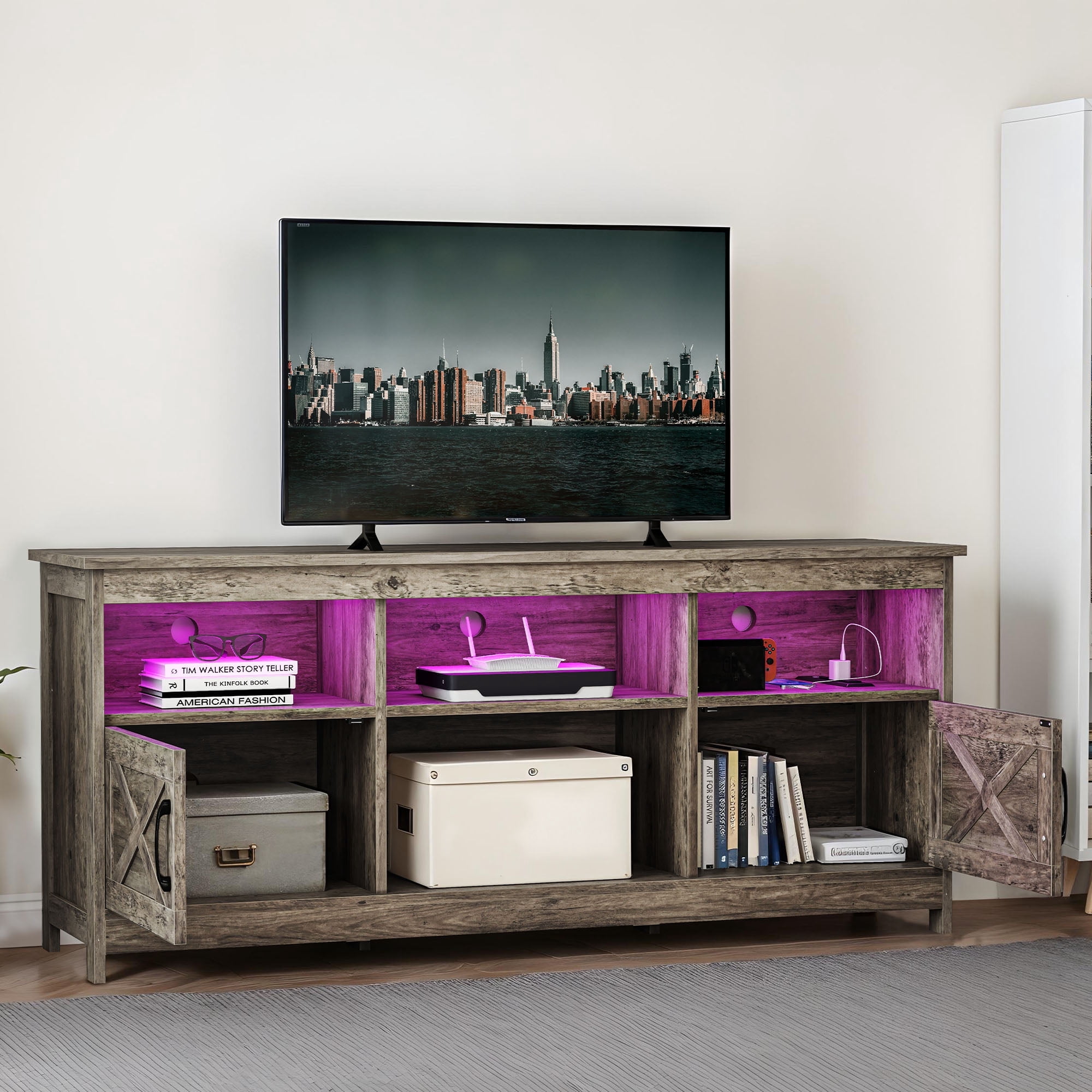 ModFusion Rustic Brown TV Stand, 70" Screen Support, Adjustable Shelves, LED Lights, 2 Doors with Magnetic Hinges, Cable Management, Freestanding Design, 300 lb Capacity