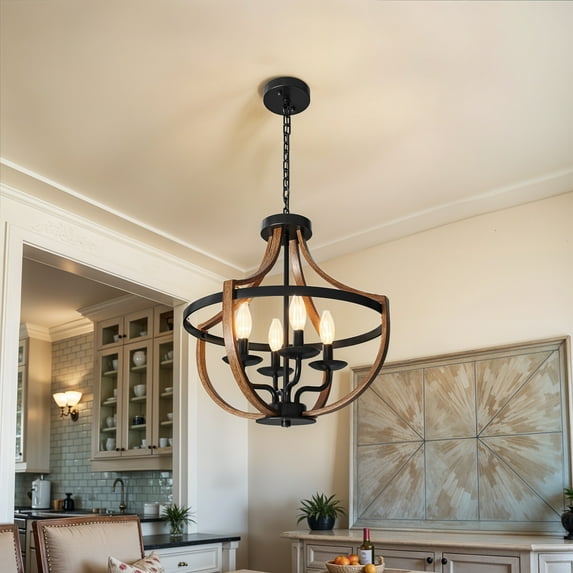 ModFusion Rustic Farmhouse Chandeliers Light for Dining Room, Vintage Metal Pedant Ceiling Lights with Faux Wood Finish, Adjustable Height & 4-Light E12 Base, Black & Brown