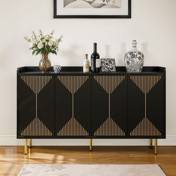ModFusion Sideboard with Magnetic Door Catch, 5 Legs, Pantry Buffet Storage, Coffee Bar Cabinet, Black and Gold