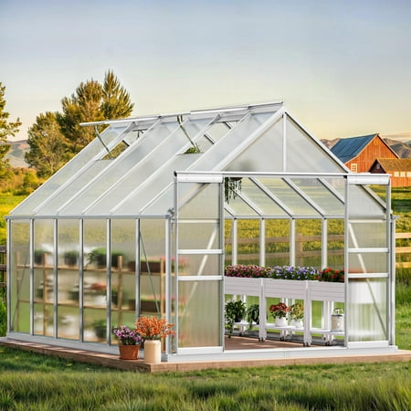 ModFusion-Silver Polycarbonate Walk-in Greenhouse 8x12FT Heavy Duty Green House w/Sliding Doors