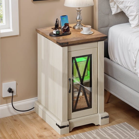 ModFusion Simple Elegant Nightstand with Storage, LED Light, and Charging Station, Bedroom Desk