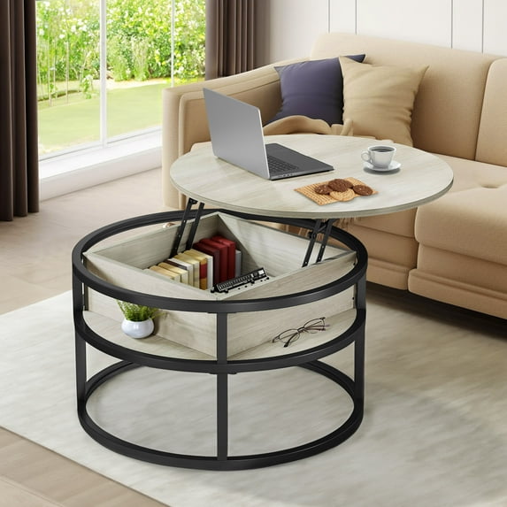 ModFusion Sleek Light Maple Color Round Lift-Top Coffee Table with Hidden Storage Compartment for Chic Living Room