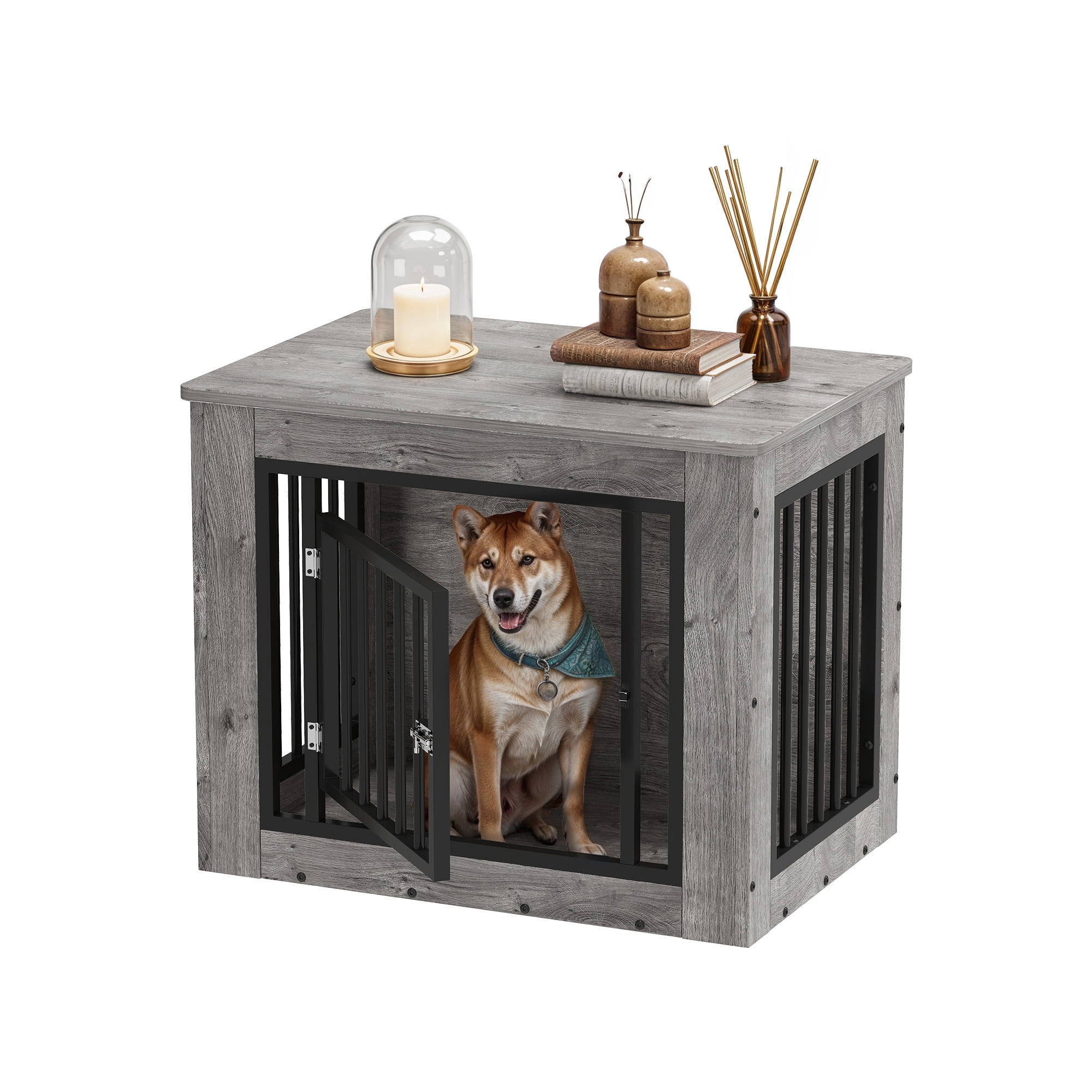 ModFusion Small Gray Iron-Wood Dog Crate Furniture, Indoor Kennel with End Table Design, Secure Front Door & Top Storage Shelf, for Dogs up to 35 lbs