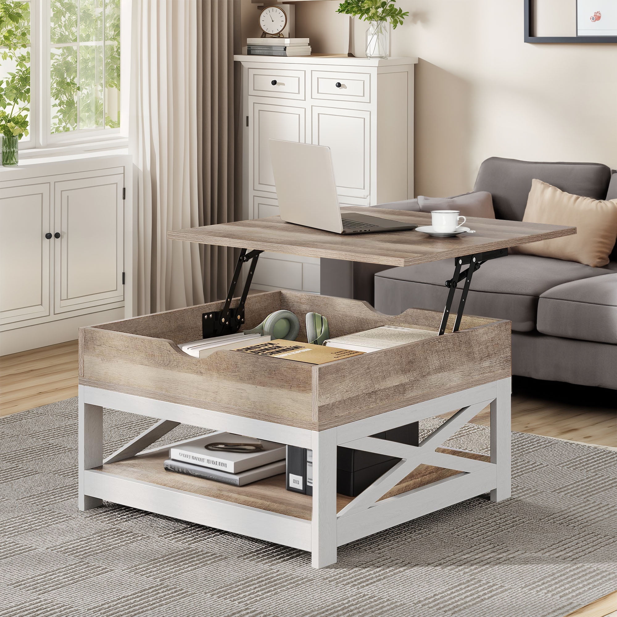 ModFusion Square Light Gray Coffee Table with Lift-Top Storage ...