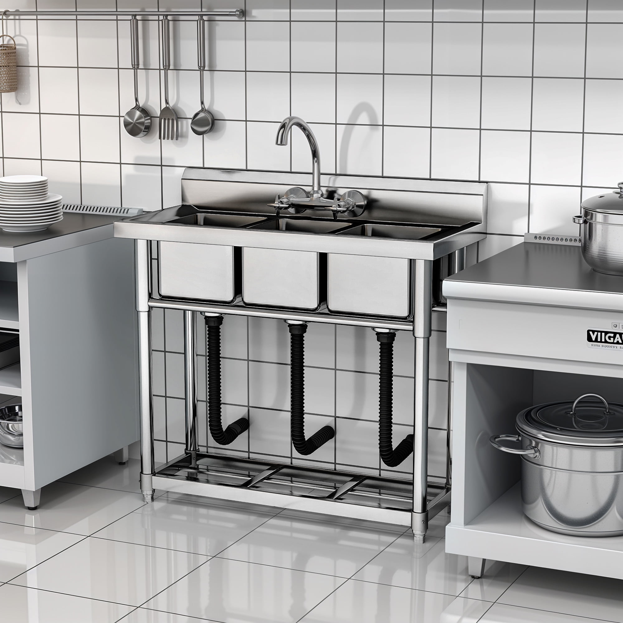 ModFusion Stainless Steel 3-Compartment Sink with Undershelf Storage, Backsplash, 3.2x1.4x3 ft Triple 8.6-Inch Bowl Basin, Garages, Laundry Rooms, Dual Faucet Compatible, Floor-Mounted