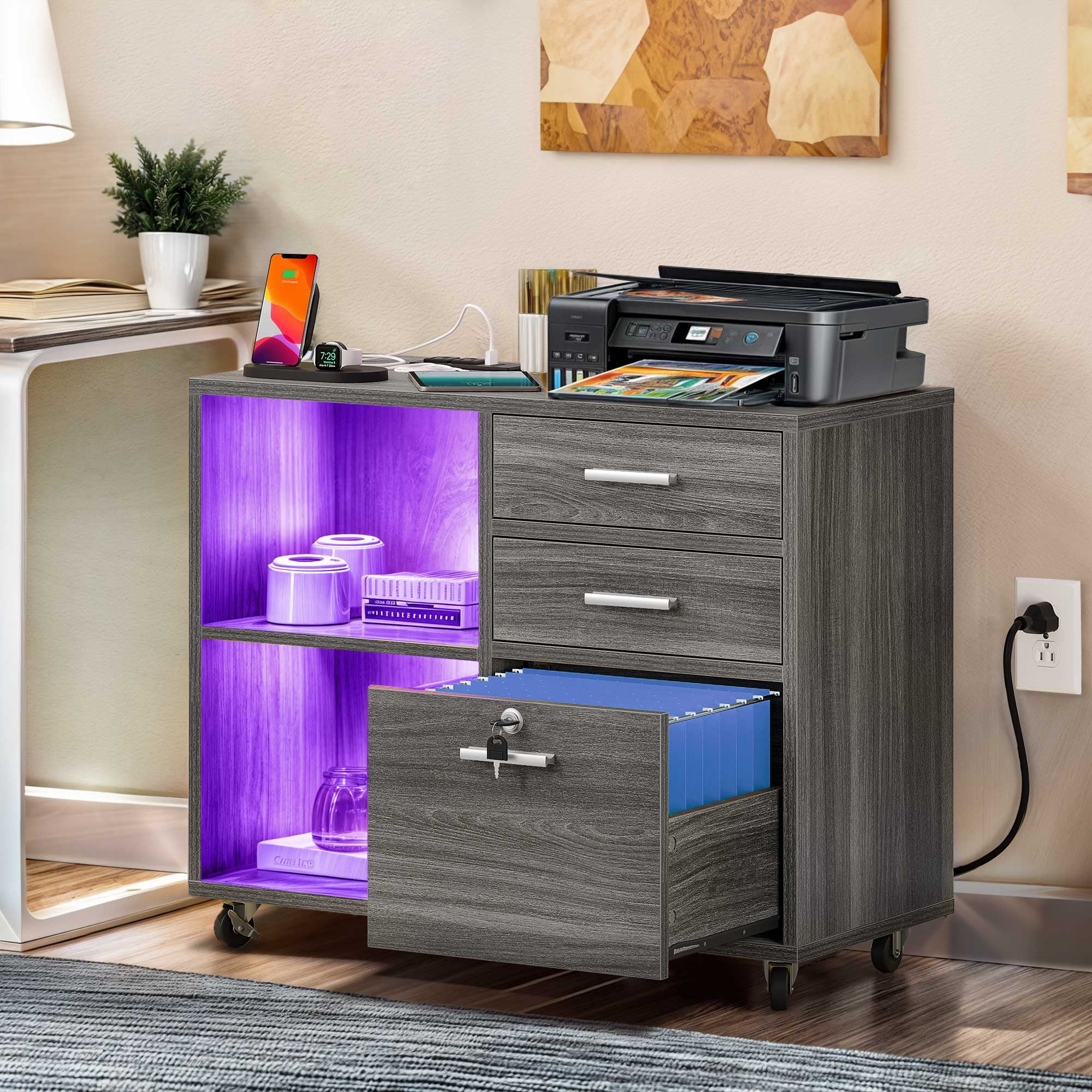 Lockable File Carts ModFusion Storage & Organizer Cabinet with LED Light, Charging Station ...