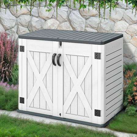 ModFusion Storage Shed with Double Lock System, 35 cu ft, Resin, Handrail in Door, Metal Support Rod, Floor, Horizontal Organizer, Light Gray