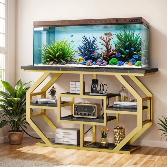 ModFusion Modern Gold Metal & Black Marble Aquarium Stand  Fits 5575 Gallon Tanks, Built-In Power Outlets & Storage