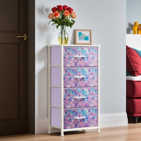 ModFusion Tie-Dye Purple 4-Drawer Fabric Dresser with Adjustable Storage, Steel Frame & Wooden Top for Teens & Adults