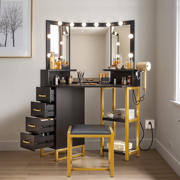 ModFusion Vanity Desk with Lighted Mirror: Corner Makeup Table Set with Power Outlet, 3 Color Modes, Adjustable Brightness, 4 Drawers & Stool, Dark Black