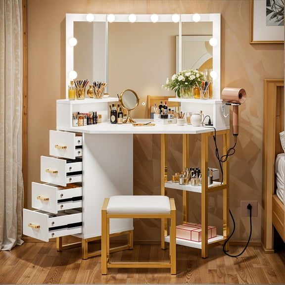 ModFusion Vanity Set: LED Mirror Makeup Table with Stool, Shelve, Drawers, and Hair Rack in White