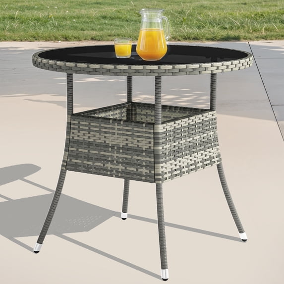 ModFusion Versatile Indoor Outdoor Round Bistro Table, All-Weather Gray Rattan with Glass Tabletop, Perfect for Patio, Porch, and Garden