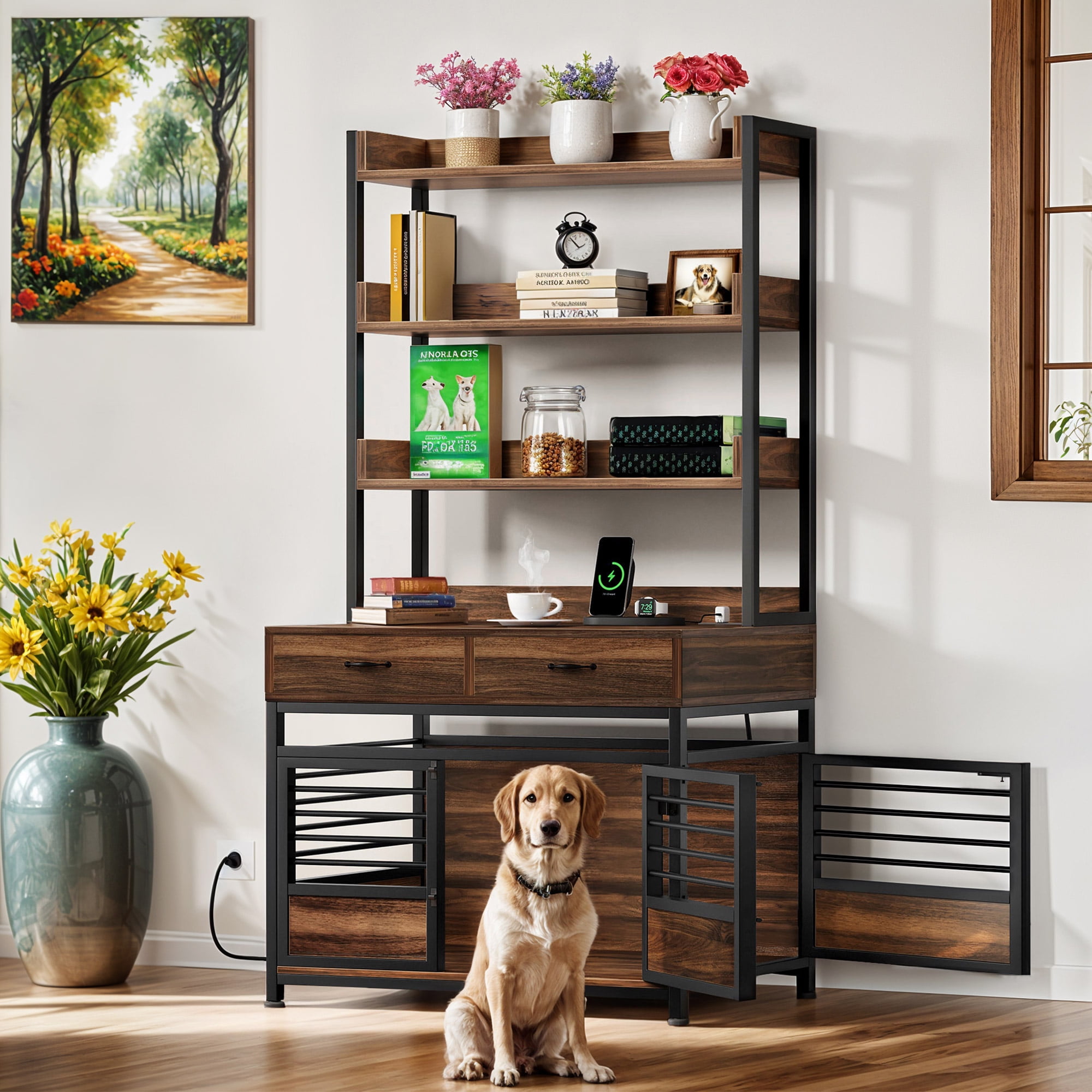 Image showcasing ModFusion Vintage Multi-Functional Dog Crate & Storage Unit with Built ...