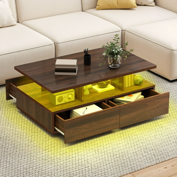 ModFusion Walnut Rectangle Coffee Table with LED Lights, Storage & Open Shelf for Living Room, Brown