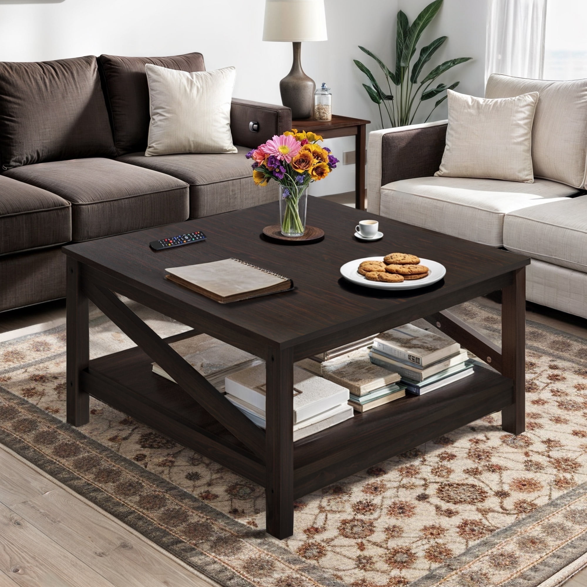 ModFusion Walnut Square Coffee Table Furniture, Double-Layer Storange for Mondern Rustic Living Room