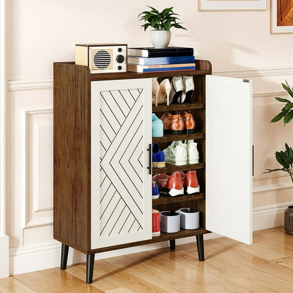 ModFusion Walnut and White Linen Two-Door Shoe Storage Cabinet, Black Wood Legs