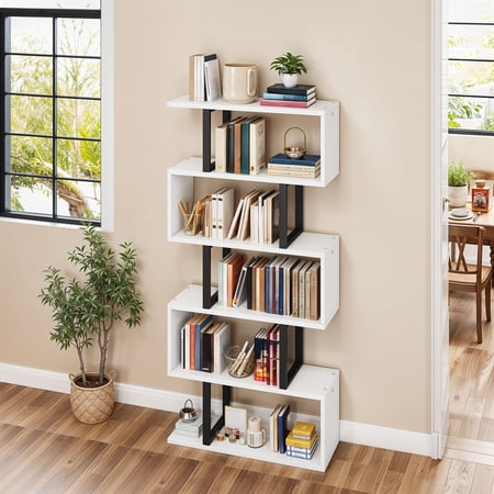 ModFusion White 5-Tier Bookshelf with Metal Frame, 70.5” Tall S-Shape Bookcase