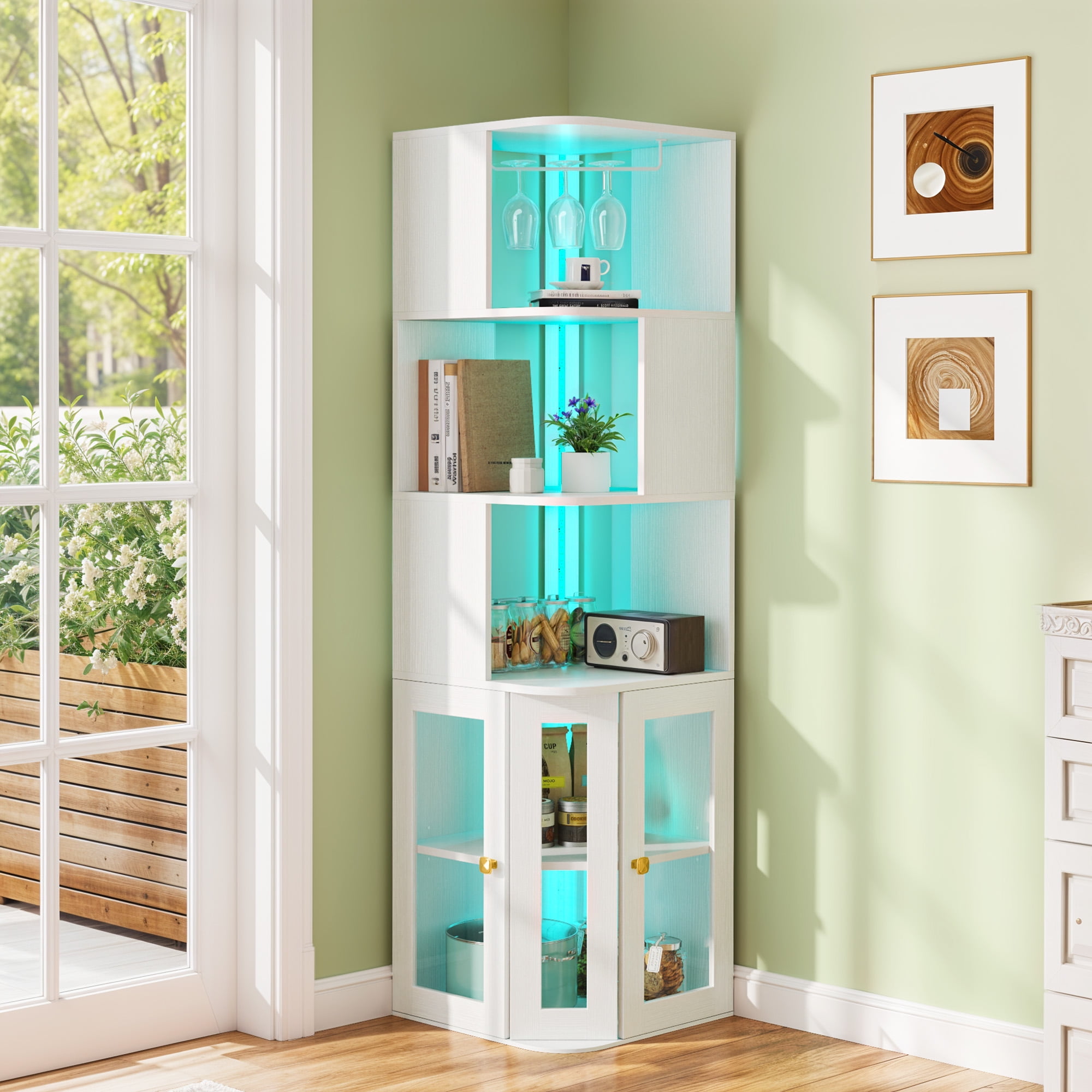 ModFusion White Corner Bookshelf with Glass Doors & RGB LED Lights ...