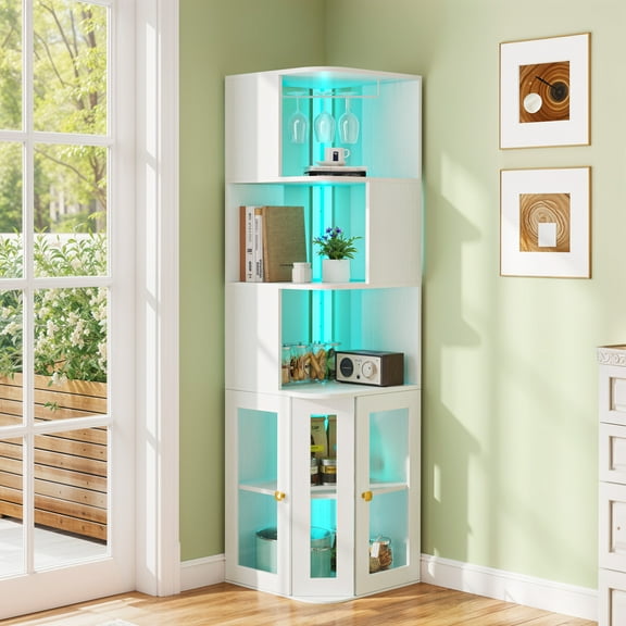 ModFusion White Corner Bookshelf with Glass Doors & RGB LED Lights – Rotating Storage Cabinet with Adjustable Shelves & Wine Glass Rack