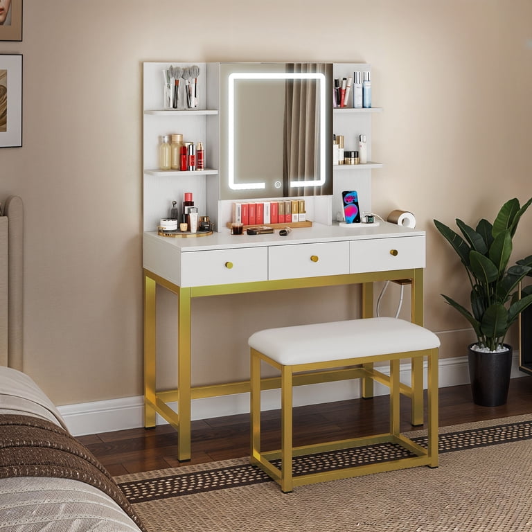 white and gold dressing table stool Modfusion & LED with Stool, Touch Mirror, 3 Drawers, Hair Tool Hooks, Power Outlets, UL Certified fall maxi dresses