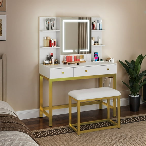 ModFusion White & Gold LED Dressing Table with Stool, Touch Mirror, 3 Drawers, Hair Tool Hooks, Power Outlets, UL Certified
