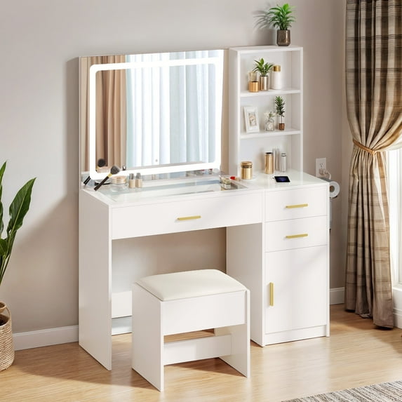 ModFusion White Modern Makeup Vanity Set with LED Mirror, Power Outlet, 3 Drawers & Cabinet