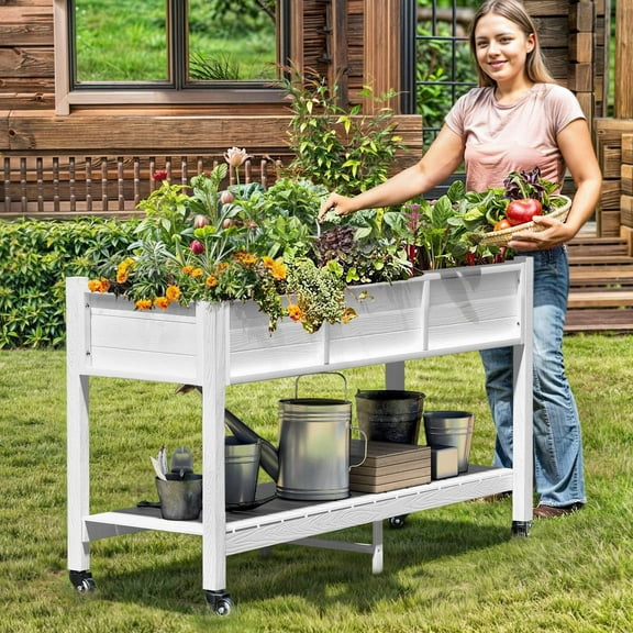ModFusion White Planter Box Stand, 450lb Capacity, 17.7"L x 46.5"W x 31.1"H, Lockable Wheels, Storage Shelf