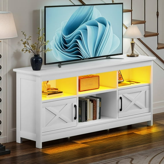 ModFusion 65" White TV Stand with LED Lights, Charging Station, Shelves, Drawers & Doors