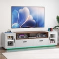 thumbnail image 1 of ModFusion White TV Stand, 75" Screen Support, Engineered Wood & Glass, 2 Adjustable Shelves, 2 Glass Swing Doors, 300 lb Load Capacity, 1 of 6