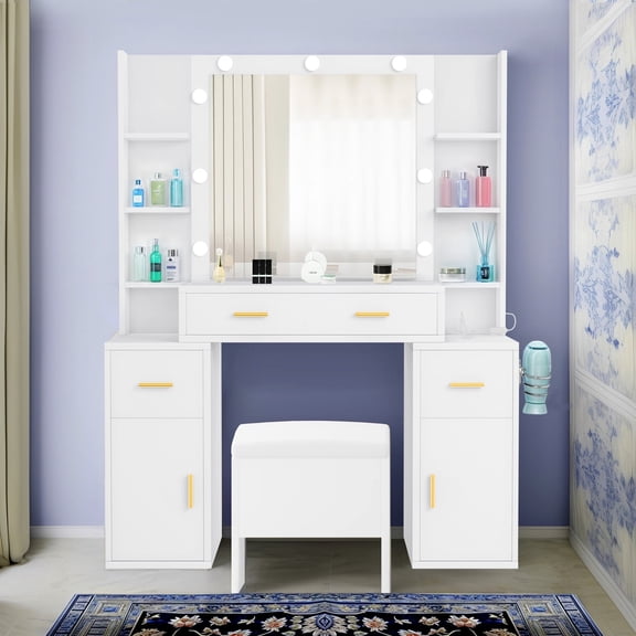 ModFusion White Vanity Table Set with LED Mirror, Power Station, Dressing Table, and Stool