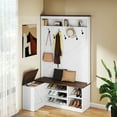 thumbnail image 1 of ModFusion White & Walnut L-Shaped Corner Entryway Hall Tree with Hooks, Flip-Top Storage, and Shoe Bench, 1 of 10