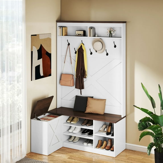 ModFusion White & Walnut L-Shaped Corner Entryway Hall Tree with Hooks, Flip-Top Storage, and Shoe Bench