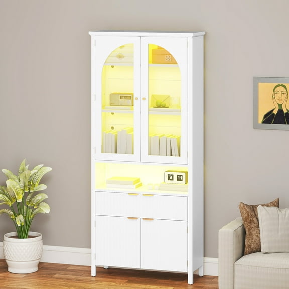 ModFusion White Wood Grain Wavy Arch Bookcase with Adjustable Shelves, Arched Glass Doors & Multi-Color RGB Light Band