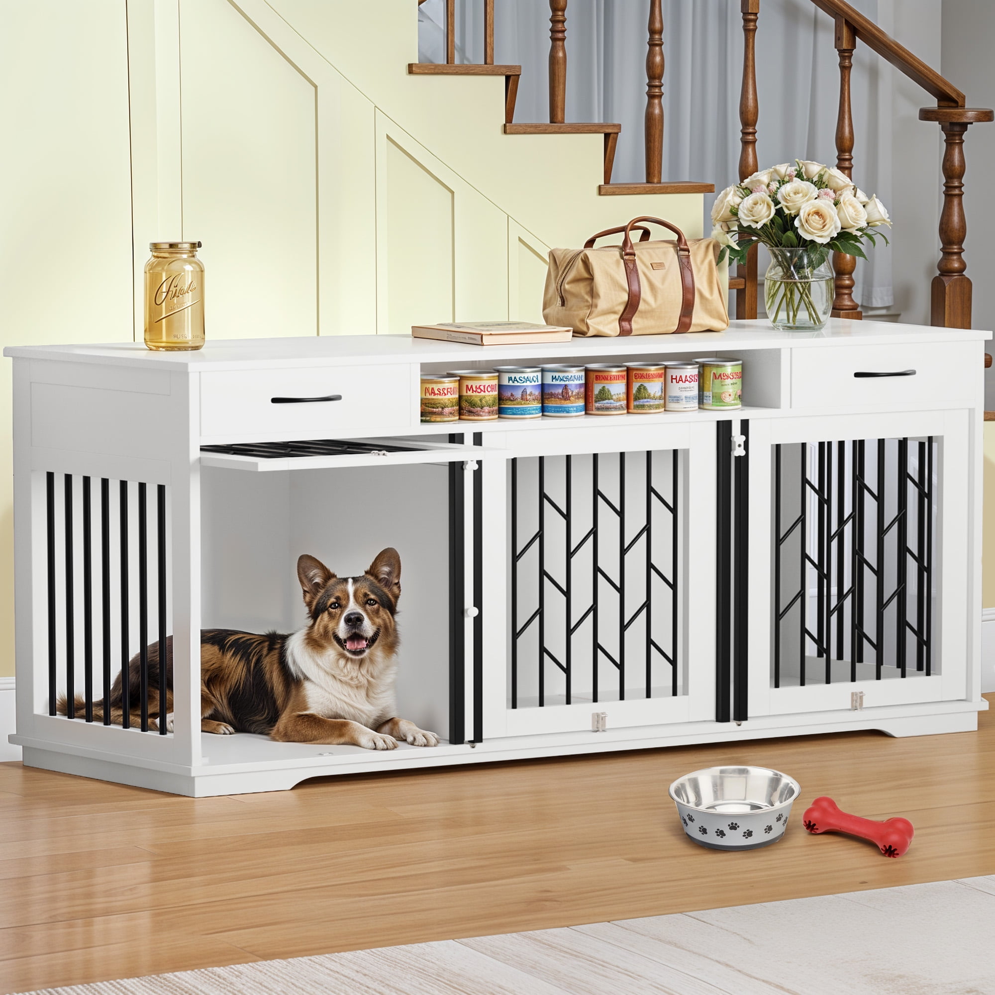 ModFusion White Wooden Dog Crate with Divider – Modern Furniture Style ...